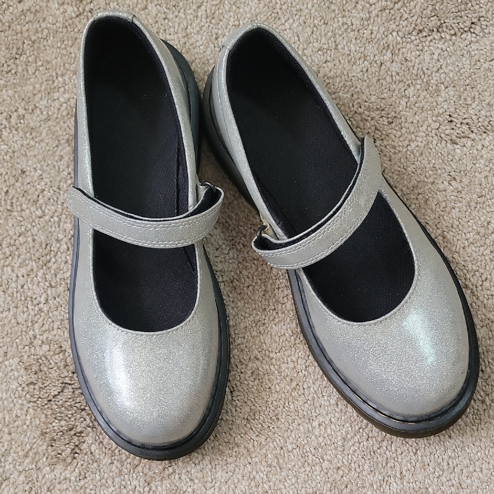 Dr. Martens Silver Glitter Mary Jane Platform Shoes